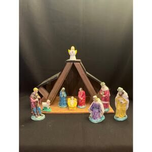 Vintage Handmade Porcelain Nativity Set With Wooden Stable